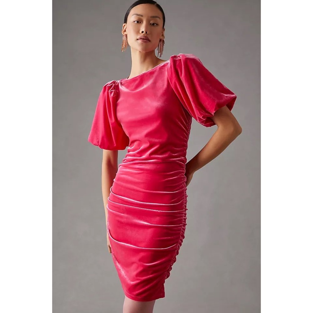 Scotch & Soda Velvet Puff Sleeve Ruched Bodycon Midi Dress Pink Anthropologie M